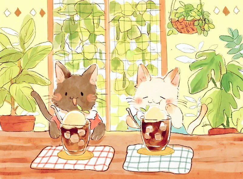 animal blush brown_cat cat clothed_animal cup drinking_glass food indoors no_humans oniheya_53 original painting_(medium) plant plate potted_plant table traditional_media tray watercolor_(medium) white_cat window