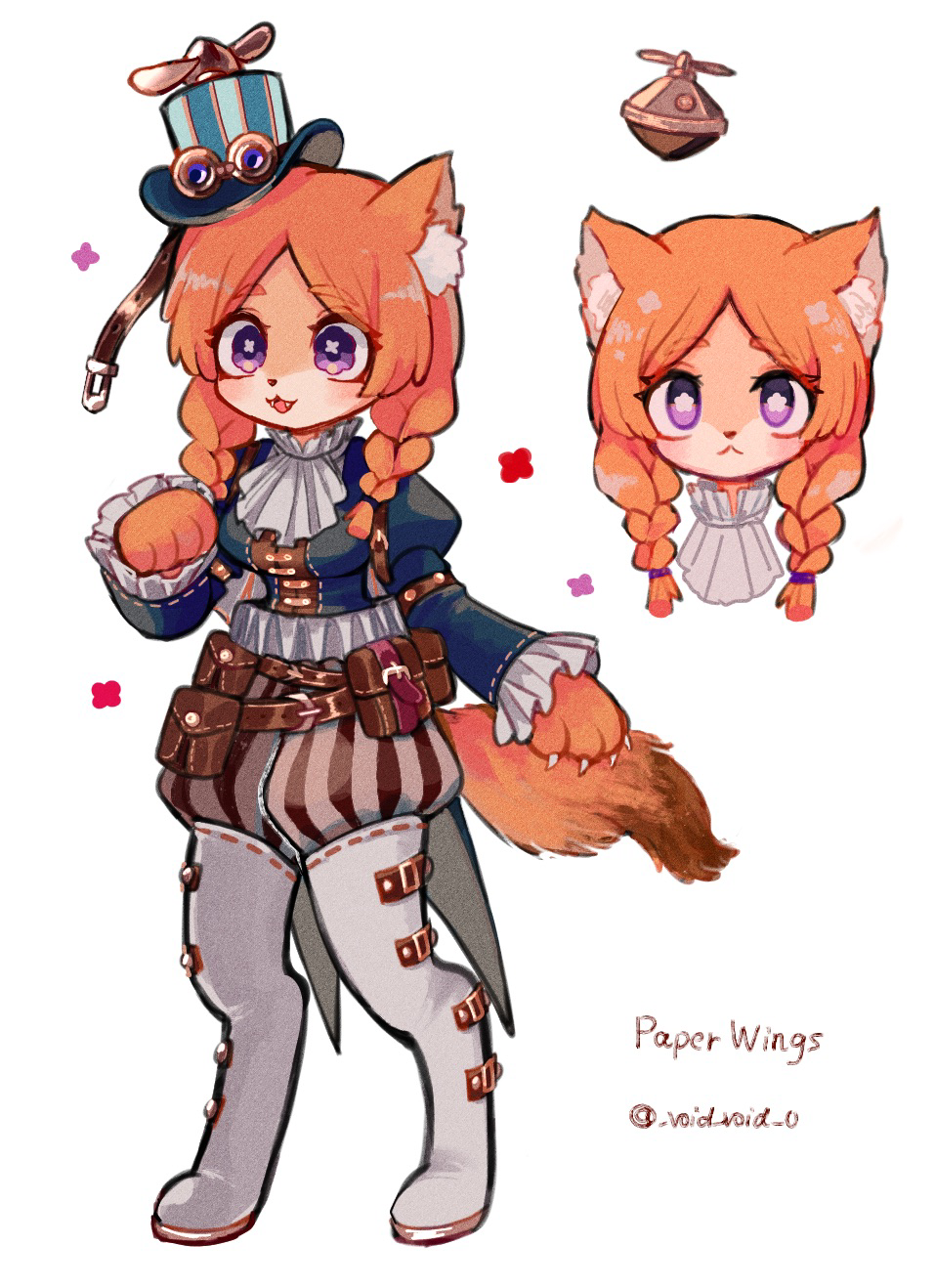 1girl :&lt; :3 :d animal_ear_fluff animal_ears animal_nose anne_lester anne_lester_(paper_wings) artist_name ascot belt belt_pouch blue_headwear blue_jacket boots braid bright_pupils brown_belt character_name closed_mouth commentary_request fangs frilled_shirt_collar frilled_sleeves frills full_body furrification furry goggles goggles_on_headwear hand_up hat highres identity_v jacket juliet_sleeves long_hair long_sleeves looking_at_viewer mini_hat mini_top_hat multiple_views open_mouth orange_fur orange_hair pants pouch puffy_pants puffy_sleeves simple_background smile squirrel_ears squirrel_girl squirrel_tail standing striped striped_headwear striped_pants tail tendenbarabara thigh_boots tilted_headwear top_hat twin_braids twitter_username vertical-striped_headwear vertical-striped_pants vertical_stripes violet_eyes white_ascot white_background white_footwear white_pupils