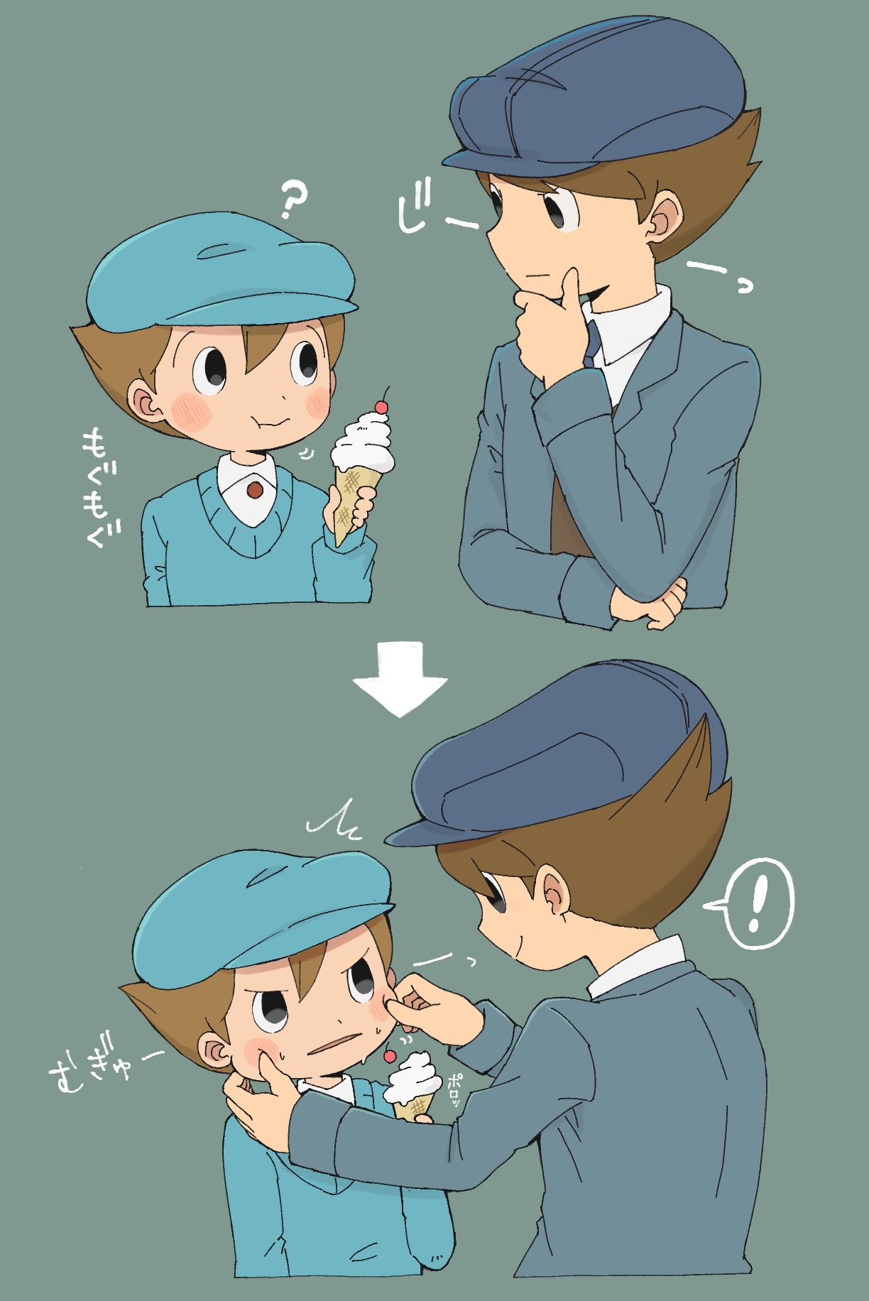 ! 2boys ? annoyed arrow_(symbol) black_eyes blue_headwear blue_jacket blue_necktie blue_sweater blush brown_hair cabbie_hat cheek_pinching cherry collared_shirt commentary_request cropped_torso eating food fruit furrowed_brow future_luke hair_between_eyes hand_on_own_chin hands_on_another's_cheeks hands_on_another's_face hat highres ice_cream_cone jacket kiwami_(kiwamimuneko) long_sleeves looking_at_another luke_triton male_focus multiple_boys multiple_views necktie open_clothes open_jacket open_mouth pinching professor_layton professor_layton_and_the_unwound_future shirt short_hair smile speech_bubble spoken_exclamation_mark sweatdrop sweater translation_request upper_body white_shirt