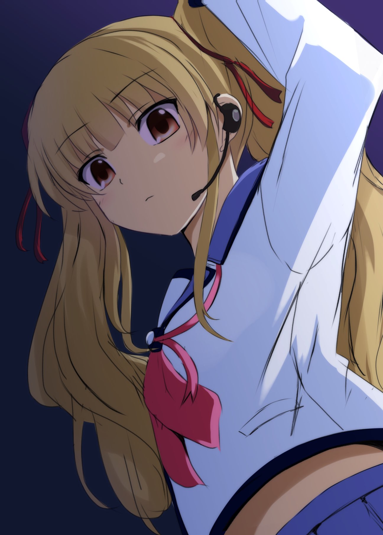 1girl angel_beats! arm_up blonde_hair blue_background blue_sailor_collar blunt_bangs brown_eyes closed_mouth commentary earpiece expressionless eyes_visible_through_hair from_below hair_ribbon highres lelie_(lelie_link) light_blush long_hair long_sleeves looking_at_viewer neckerchief pink_neckerchief red_ribbon ribbon sailor_collar scar scar_across_eye shinda_sekai_sensen_uniform shirt simple_background solo twintails upper_body wavy_hair white_shirt yusa_(angel_beats!)