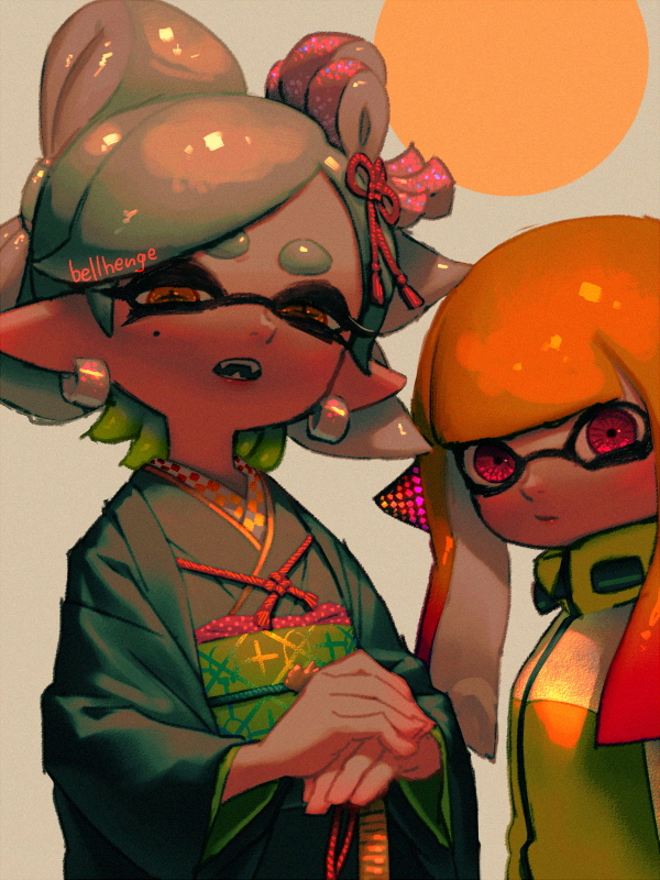 2girls agent_4_(splatoon) anniversary artist_name bellhenge black_kimono blunt_bangs bow-shaped_hair cephalopod_eyes closed_mouth collared_jacket commentary english_commentary fangs flower_knot food food-themed_hair_ornament frown green_jacket green_sash grey_background grey_hair hair_ornament hair_ribbon half-closed_eyes high_collar hoop_piercing inkling inkling_girl jacket japanese_clothes kimono long_eyelashes long_sleeves looking_at_viewer marie_(splatoon) medium_hair mole mole_under_eye multicolored_clothes multicolored_jacket multiple_girls obi open_mouth orange_eyes orange_hair own_hands_together pink_eyes pointy_ears red_ribbon ribbon sash short_hair silver_earrings spiky_hair splatoon_(series) splatoon_2 sushi tassel tassel_hair_ornament tentacle_hair thick_eyebrows two-tone_jacket upper_body white_jacket wide_sleeves zipper