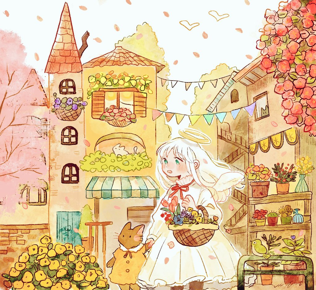 1girl angel_wings animal autumn_leaves blush building cat clothed_animal dress flower flower_basket green_eyes halo long_hair long_sleeves oniheya_53 open_mouth original outdoors painting_(medium) red_ribbon ribbon solo traditional_media watercolor_(medium) white_dress white_hair white_wings wings