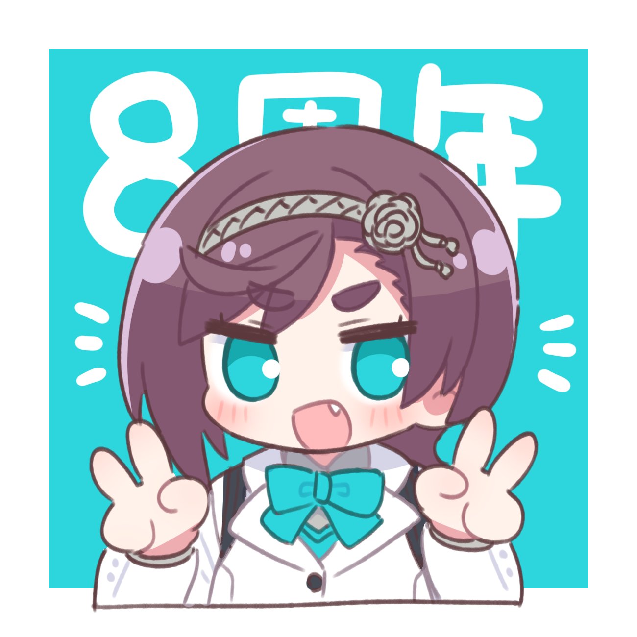 1girl 7th_dragon_(series) 7th_dragon_iii :d asymmetrical_bangs blue_background blue_bow blue_eyes blush bow brown_hair chibi commentary_request cropped_torso fang grey_hairband grey_shirt hairband hands_up highres jacket long_sleeves looking_at_viewer naga_u samurai_(7th_dragon_series) shirt short_eyebrows smile solo thick_eyebrows two-tone_background upper_body white_background white_jacket yaiba_(7th_dragon_iii)