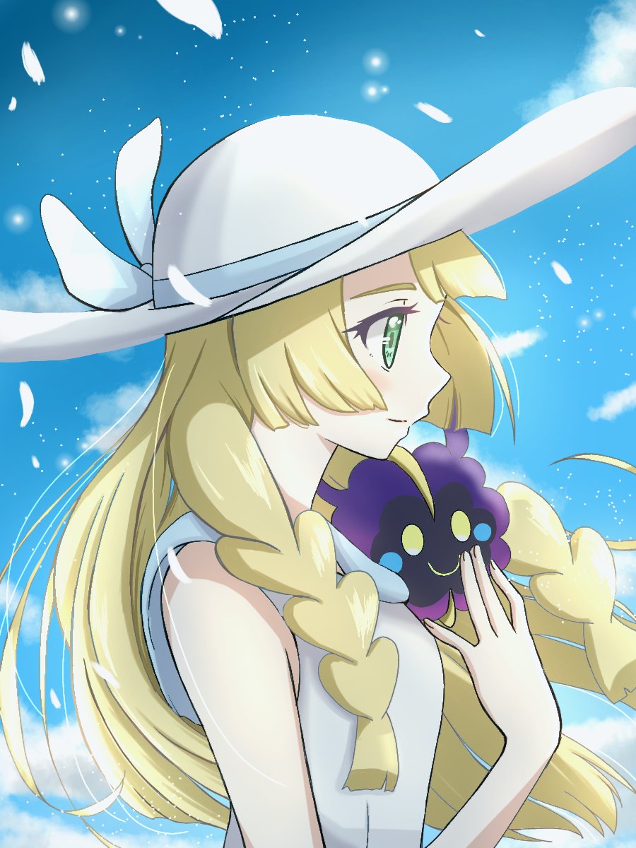 1girl blonde_hair blunt_bangs braid clouds cloudy_sky cosmog dress emapippi falling_petals green_eyes hat highres lillie_(pokemon) long_hair looking_to_the_side on_shoulder petals pokemon pokemon_(creature) pokemon_(game) pokemon_on_shoulder pokemon_sm sky sleeveless sleeveless_dress sun_hat twin_braids white_dress white_headwear
