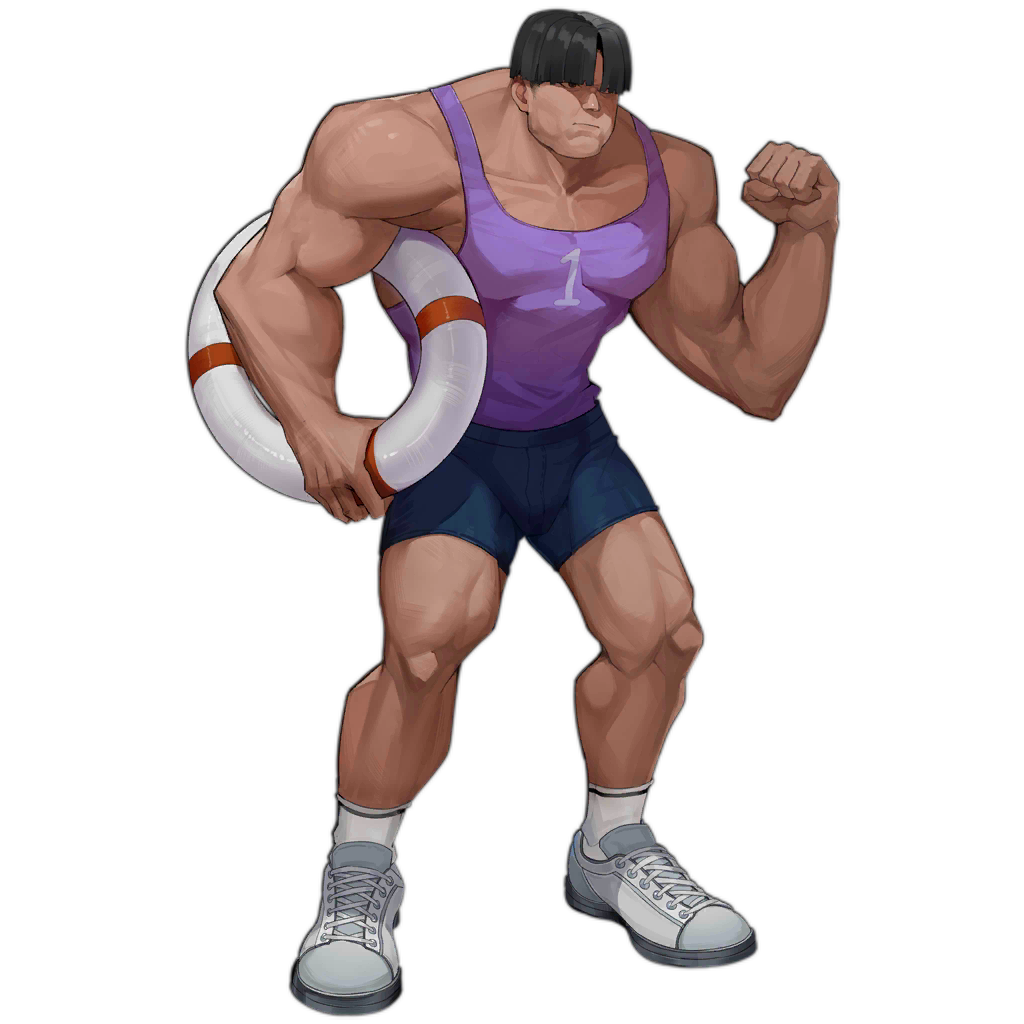 1boy artist_request black_hair blue_shorts blunt_bangs clenched_hand dark_skin full_body girls_frontline gladiator_(girls'_frontline) hand_up holding lifebuoy male_focus muscular muscular_male official_alternate_costume official_art purple_tank_top shoes short_hair shorts simple_background sneakers socks solo standing tank_top third-party_source transparent_background white_footwear white_socks