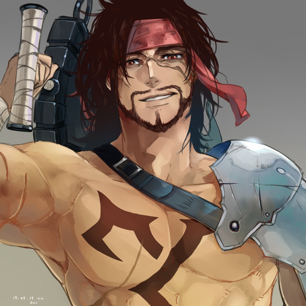 1boy armor asymmetrical_armor bandaged_wrist bandages brown_hair chest_tattoo facial_hair final_fantasy final_fantasy_x gradient_background grin headband holding holding_sword holding_weapon jecht long_hair male_focus nini_tw99 over_shoulder pauldrons red_eyes red_headband scar scar_across_eye scar_on_arm scar_on_cheek scar_on_chest scar_on_face shoulder_armor simple_background single_pauldron smile solo sword sword_over_shoulder tattoo topless_male wavy_hair weapon weapon_over_shoulder