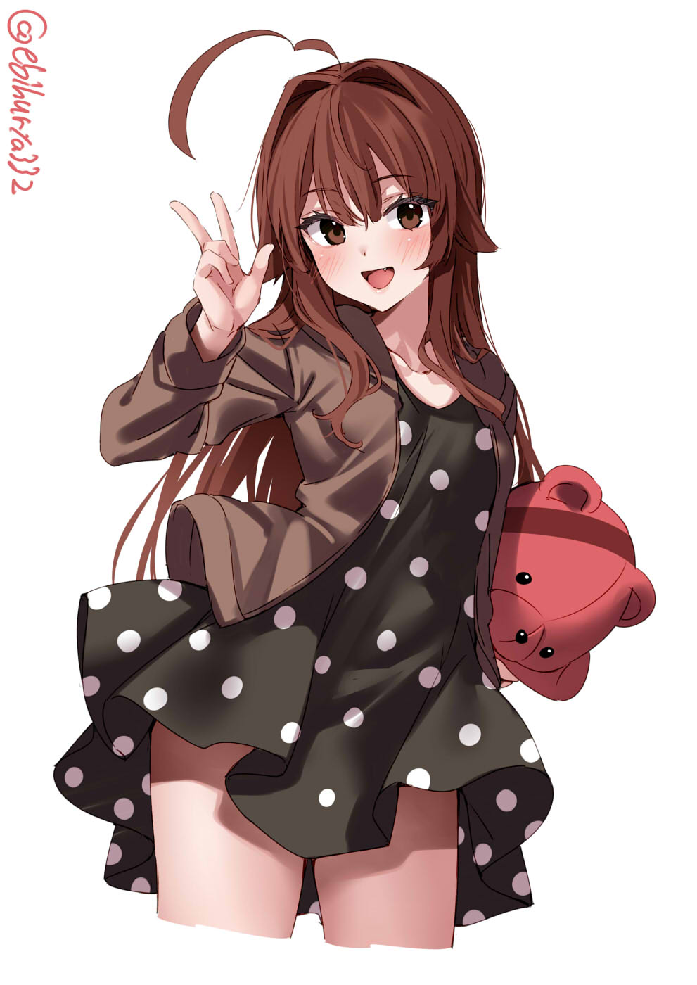 1girl ahoge black_dress blush breasts brown_eyes brown_hair cropped_legs dress ebifurya fang hair_between_eyes hair_intakes hand_up highres holding kantai_collection kuma_(kancolle) long_hair long_sleeves looking_at_viewer one-hour_drawing_challenge open_mouth polka_dot polka_dot_dress sidelocks simple_background small_breasts smile solo stuffed_animal stuffed_toy teddy_bear thighs twitter_username w white_background