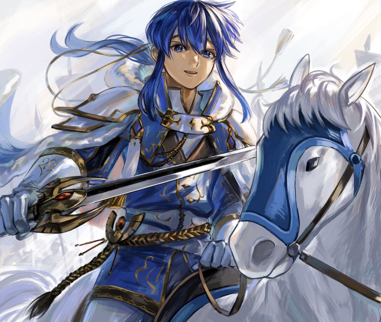 1boy abinosu0903 armor battlefield blue_eyes blue_hair commentary_request fire_emblem fire_emblem:_genealogy_of_the_holy_war hair_between_eyes headband holding holding_sword holding_weapon horse horseback_riding looking_at_viewer medium_hair open_mouth ponytail riding seliph_(fire_emblem) shoulder_armor sidelocks sword teeth tyrfing_(fire_emblem) upper_teeth_only weapon white_background white_headband white_horse
