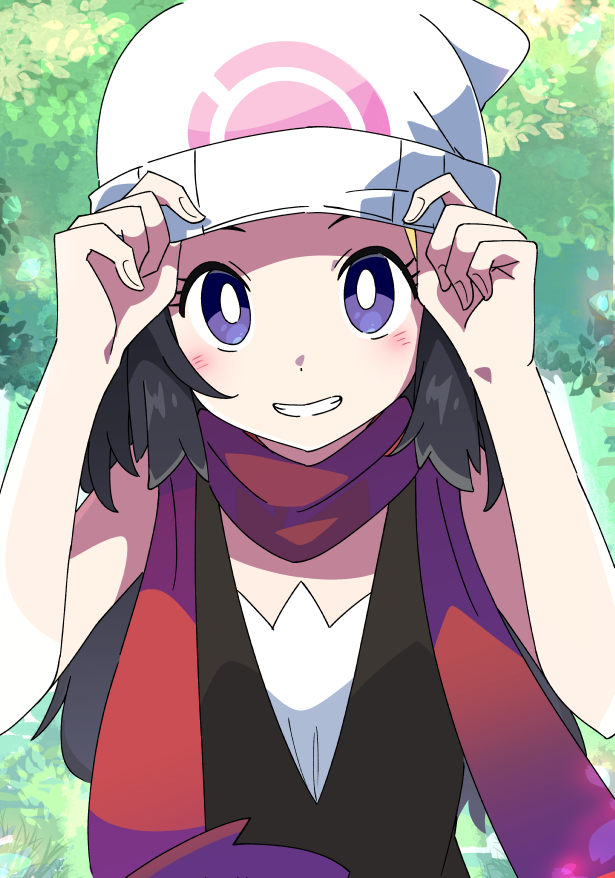 1girl beanie black_eyes black_hair blush bright_pupils commentary forest hat hikari_(pokemon) ixy long_hair looking_at_viewer nature outdoors pokemon pokemon_(game) pokemon_dppt red_scarf revision scarf smile solo upper_body white_headwear white_pupils