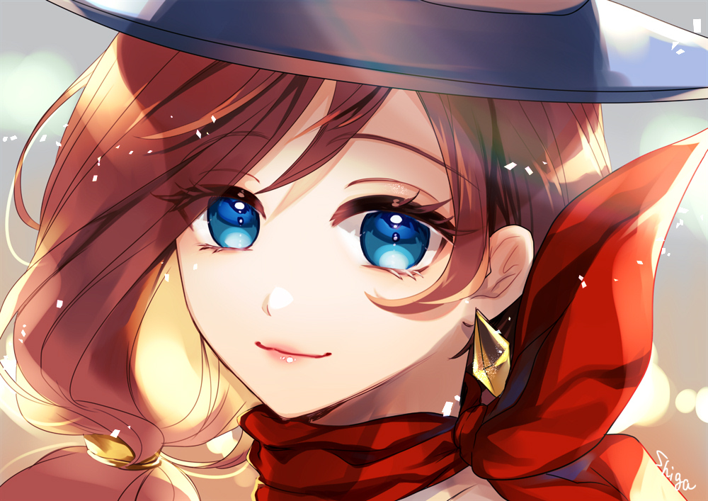 1girl ace_attorney artist_name blue_eyes blue_headwear brown_hair closed_mouth diamond_earrings earrings eyes_visible_through_hair hat jewelry lipgloss long_hair looking_at_viewer low-tied_long_hair portrait red_scarf scarf shigan single_earring smile solo swept_bangs top_hat trucy_wright