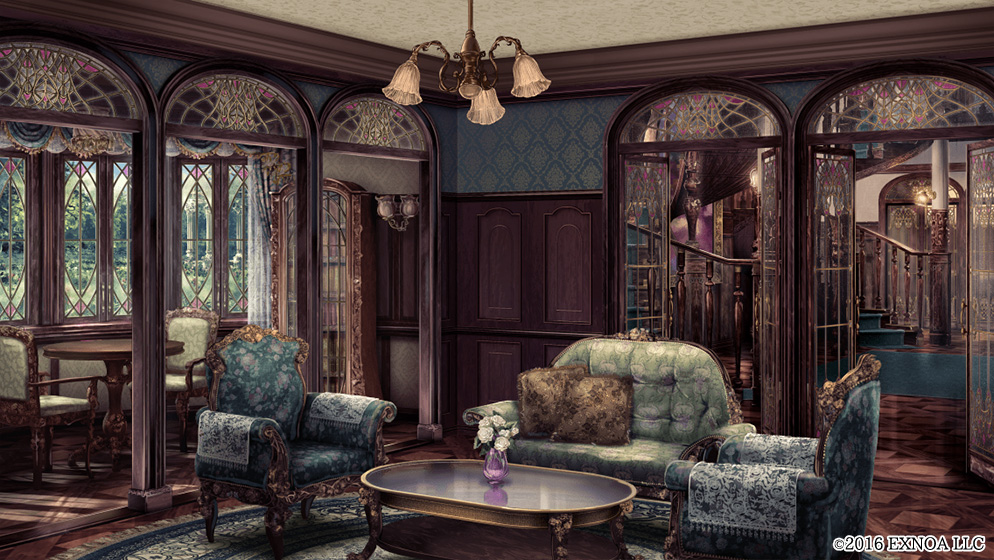 arch armchair bookshelf bungou_to_alchemist chair chandelier copyright couch curtains cushion day door floral_print flower fringe_trim glass_door indoors no_humans official_art rose rug scenery stained_glass stairs table tree vase white_flower white_rose window
