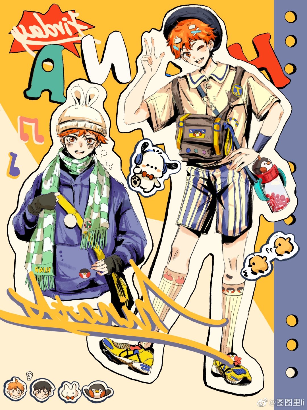 ! !! &gt;_o 2boys ^^^ alternate_costume animal_ears animal_print arm_warmers bag bandaid bandaid_on_knee bandaid_on_leg beanie beret bird black_bag black_eyes black_hair black_sweater blue_arm_warmers blue_headphones blue_headwear blue_hoodie blue_shorts blunt_bangs blush_stickers bottle bow bowtie breasts brown_bag buttons character_request checkered_clothes checkered_scarf chick chinese_commentary collared_shirt commentary_request dog eyelashes fake_animal_ears fanny_pack floppy_ears green_scarf haikyuu!! hair_ornament hairclip hand_on_own_hip hat head_only highres hinata_shouyou holding_strap hood hood_down hoodie kageyama_tobio kneehighs layered_sleeves long_sleeves male_focus multiple_boys musical_note no_mouth one_eye_closed open_mouth orange_eyes outline penguin pochacco pocket pom_pom_(clothes) rabbit_ears rabbit_hair_ornament rabbit_print red_bow red_bowtie sanrio scarf shirt shoes short_sleeves shorts shoulder_bag single_arm_warmer single_strap smile sneakers socks solid_circle_eyes solo_focus striped striped_shorts sweater teeth turtleneck turtleneck_sweater tuuuuuututu two-tone_scarf two-tone_shorts upper_body upper_teeth_only v vertical-striped_shorts vertical_stripes water_bottle weibo_logo weibo_username white_headwear white_outline white_scarf white_shirt white_shorts white_socks winter_clothes x_hair_ornament yellow_background yellow_footwear
