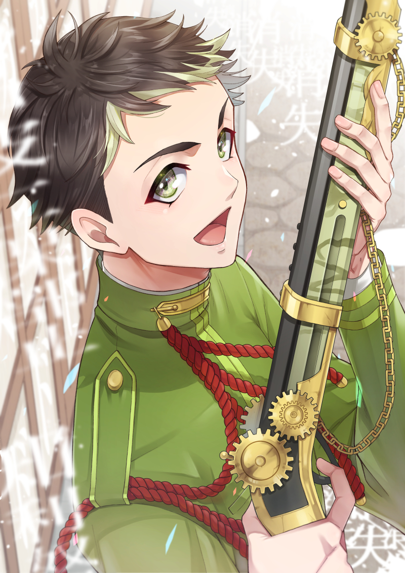 1boy :d aiguillette black_hair bungou_to_alchemist chain foreground_text from_side gears green_eyes green_hair green_jacket gun holding holding_gun holding_weapon jacket long_sleeves looking_to_the_side male_focus miyoshi_tatsuji_(bungou_to_alchemist) multicolored_hair outdoors rifle road short_bangs short_hair smile solo streaked_hair street tareme tukisaya undercut upper_body v-shaped_eyebrows weapon