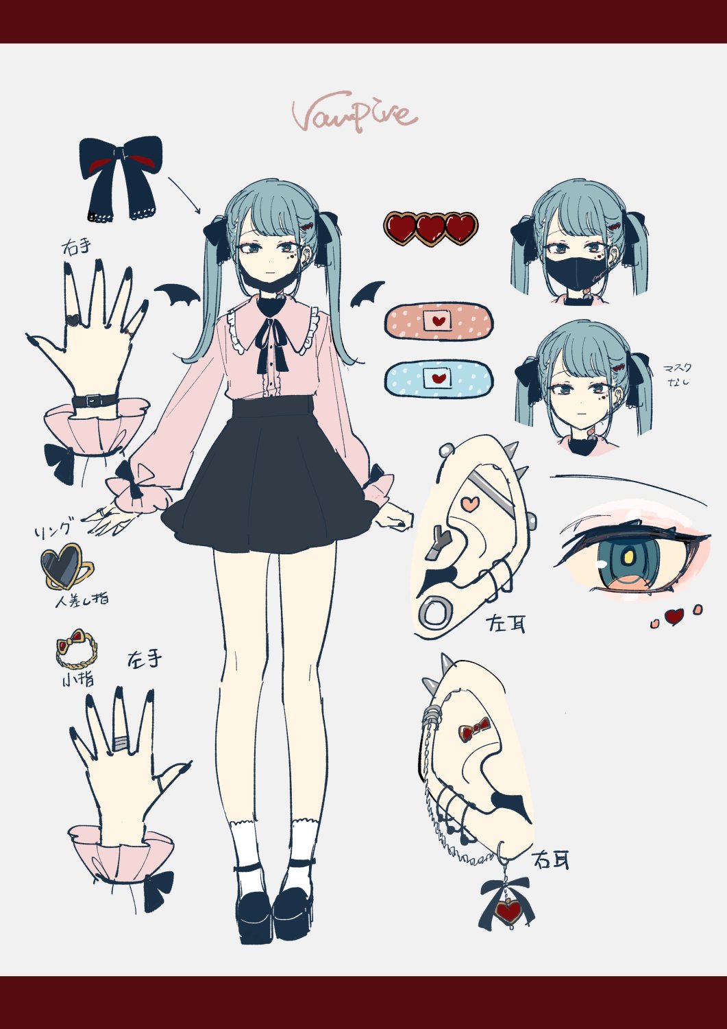 1girl aqua_eyes aqua_hair bandaid bandaid_on_neck bat_wings black_footwear black_nails black_ribbon black_skirt commentary_request concept_art detached_wings ear_piercing eyeshadow facial_mark frills full_body grey_background hair_ornament hair_ribbon hassan_(sink916) hatsune_miku heart heart_facial_mark heart_hair_ornament highres industrial_piercing jewelry letterboxed long_hair long_sleeves looking_at_viewer makeup mask mask_pull miniskirt mouth_mask multiple_views neck_ribbon official_art piercing pink_eyeshadow pink_shirt portrait reference_sheet ribbon ring shirt shoes skirt socks translation_request twintails vampire vampire_(vocaloid) vocaloid watch watch white_socks wings