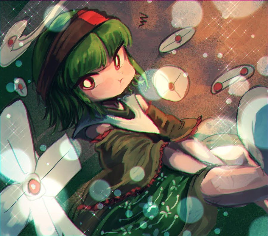 1other androgynous bad_id bad_pixiv_id bare_shoulders black_sleeves brown_background brown_headband collar crossed_legs detached_sleeves feet_out_of_frame floral_print frilled_sleeves frills green_hair green_skirt hands_on_lap headband japanese_clothes len'en long_sleeves looking_at_viewer miniskirt para_(len'en) para_(len'en)_(oni) puffy_cheeks red_eyes shirt short_hair skirt sleeveless sleeveless_shirt solo sparkle squiggle v-shaped_eyebrows white_collar wide_sleeves yukkyon_kyon