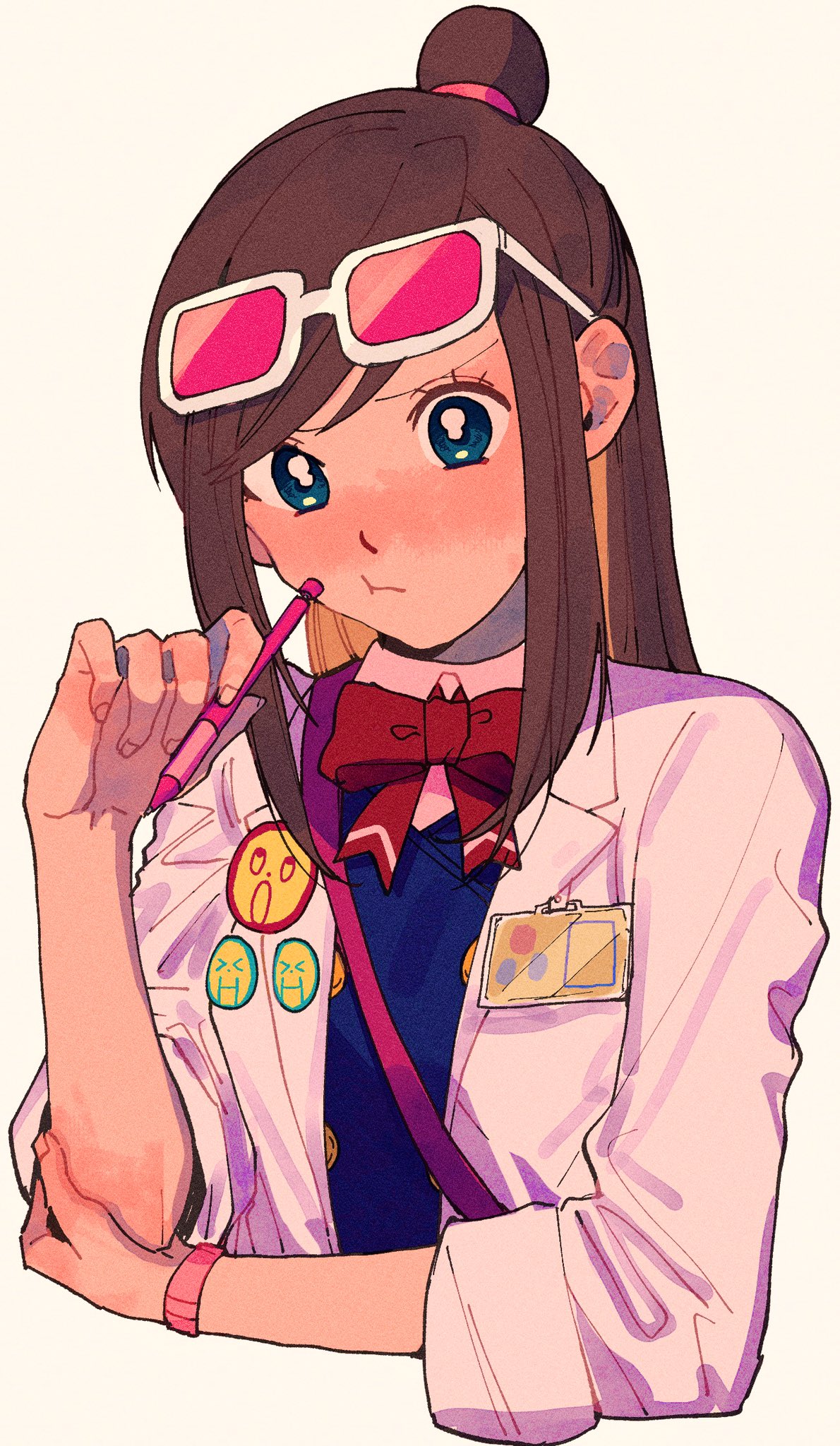 1girl ace_attorney aqua_eyes badge beachricefield blue_vest blush bow bowtie brown_hair button_badge buttons coat collared_shirt cropped_torso double-breasted ema_skye ema_skye_(aa1) eyewear_on_head hand_up highres holding holding_pen lapels long_hair looking_at_viewer name_tag open_clothes open_coat pen phoenix_wright:_ace_attorney pink-tinted_eyewear pink_shirt red_bow red_bowtie shirt shoulder_strap simple_background sleeves_rolled_up solo swept_bangs tinted_eyewear topknot upper_body vest watch watch white-framed_eyewear white_background white_coat