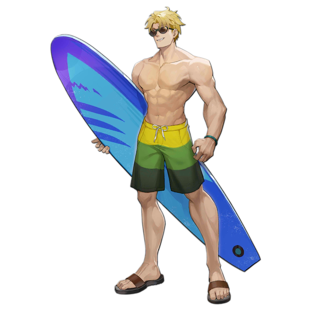 1boy abs artist_request blonde_hair collarbone full_body girls_frontline green_wristband grin holding holding_surfboard male_focus male_swimwear muscular navel official_alternate_costume official_art sandals short_hair simple_background smile solo standing strelet_(girls'_frontline) sunglasses surfboard swim_trunks swimsuit third-party_source topless_male transparent_background