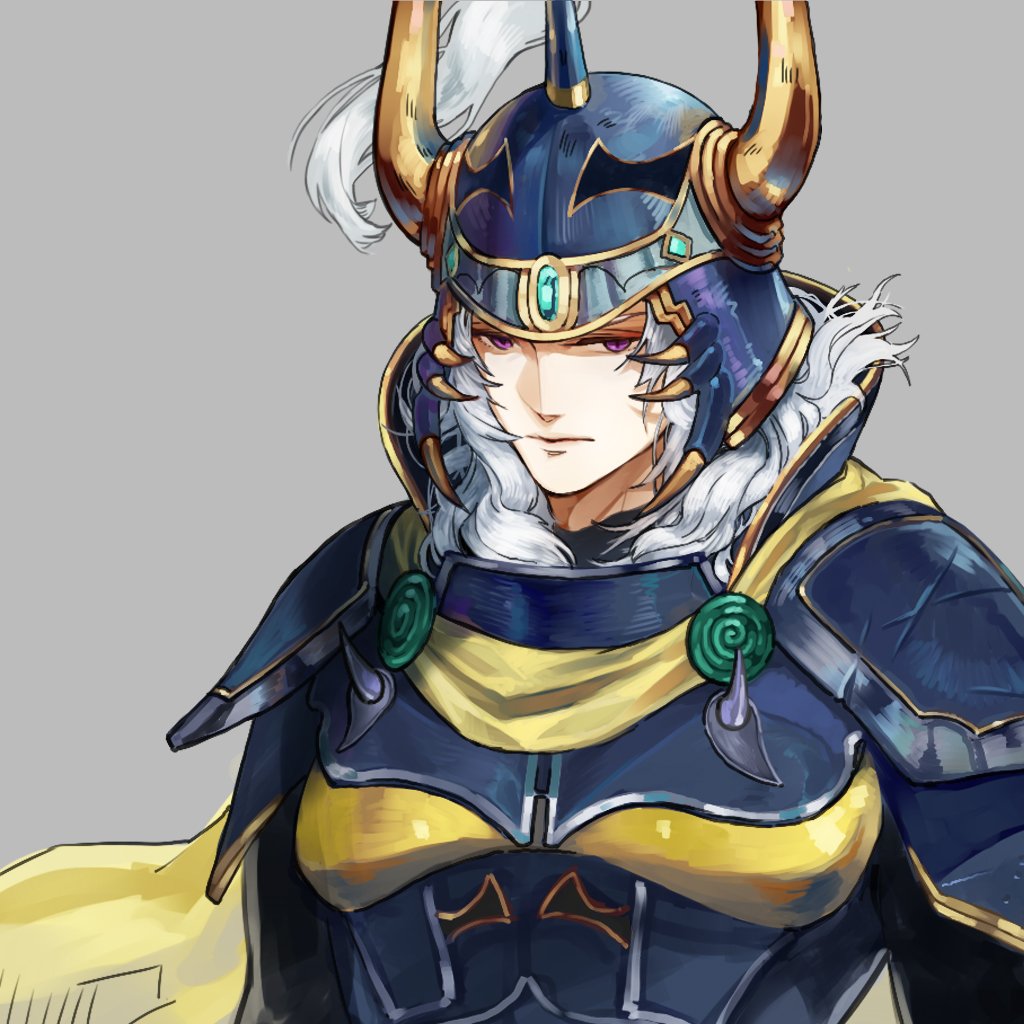 1boy armor blue_armor blue_headwear breastplate cape expressionless fake_horns final_fantasy final_fantasy_i grey_background headwear_request helm helmet horns knight long_hair male_focus nini_tw99 pauldrons serious shoulder_armor simple_background solo violet_eyes warrior_of_light_(ff1) wavy_hair white_hair yellow_cape