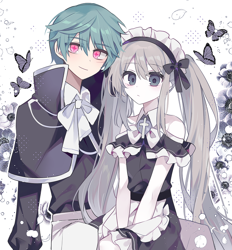 +_+ animal apron bare_shoulders between_legs black_capelet black_dress black_jacket blue_hair bug butterfly capelet character_request closed_mouth collared_shirt dress frilled_apron frills g_ieep grey_eyes grey_hair hand_between_legs jacket long_hair looking_at_viewer maid maplestory pants pink_eyes shirt simple_background sitting smile twintails very_long_hair waist_apron white_apron white_background white_pants white_shirt