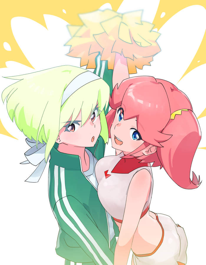 1boy 1girl :d :o aina_ardebit alternate_costume blonde_hair blue_eyes breasts cheerleader colored_eyelashes crop_top green_jacket green_track_suit headband holding holding_pom_poms jacket large_breasts lio_fotia ns1123 open_clothes open_jacket open_mouth otoko_no_ko pink_hair pom_pom_(cheerleading) promare shirt short_hair side_ponytail skirt smile v-shaped_eyebrows violet_eyes white_headband white_shirt white_skirt