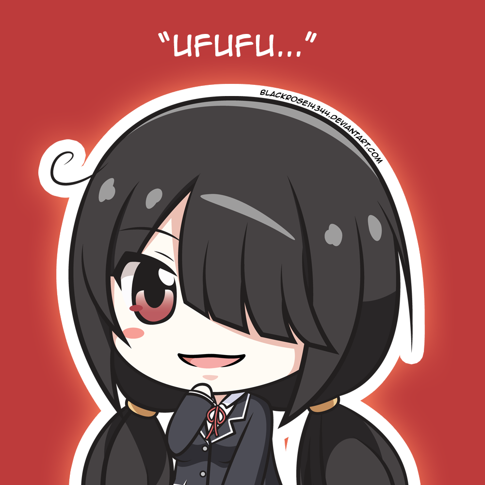 1girl black_hair blackrose14344 chibi date_a_live hair_between_eyes looking_at_another low_twintails naughty_face open_mouth raizen_high_school_uniform red_background red_eyes school_uniform tokisaki_kurumi twintails upper_body