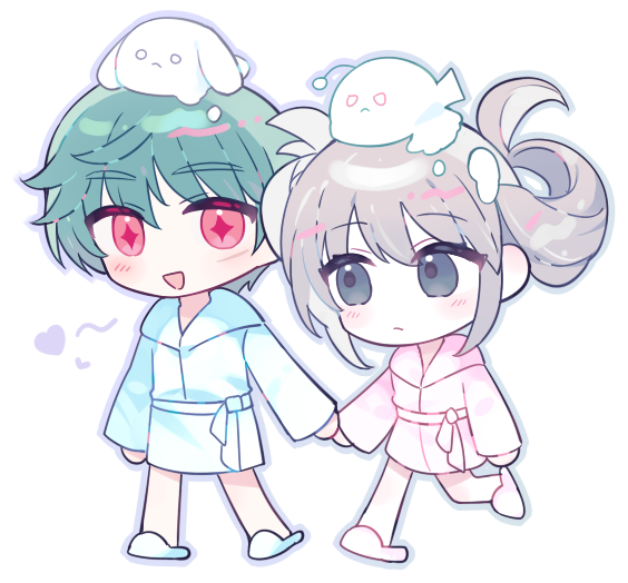 +_+ :d bathrobe blush brown_hair character_request chibi g_ieep green_hair grey_eyes hair_between_eyes heart holding_hands long_sleeves maplestory on_head pink_footwear red_eyes simple_background slippers smile thick_eyebrows twintails white_background white_footwear