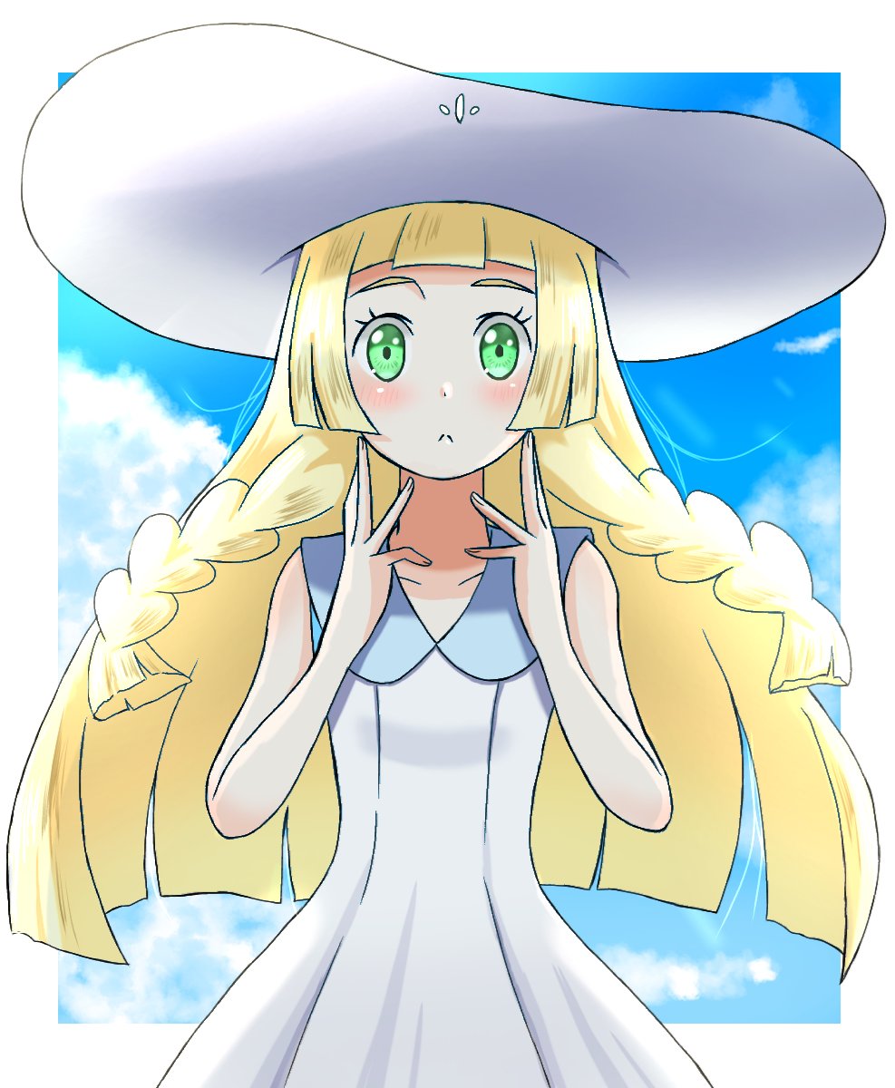 1girl blonde_hair blunt_bangs blush braid closed_mouth clouds cloudy_sky dress emapippi eyelashes green_eyes hands_on_own_face hat highres light_frown lillie_(pokemon) long_hair looking_at_viewer loose_hair_strand pokemon pokemon_(game) pokemon_sm sky sleeveless sleeveless_dress sun_hat twin_braids white_dress white_headwear