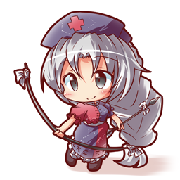 1girl rn arrow_(projectile) blue_dress bow bow_(weapon) braid chibi collared_dress commentary_request constellation_print cross dress grey_eyes grey_hair long_hair lowres petticoat red_cross red_dress ryogo single_braid smile solo touhou trigram two-tone_dress white_hair yagokoro_eirin