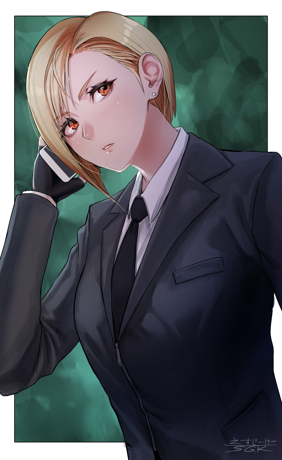 1girl artist_name asymmetrical_hair black_necktie black_suit blonde_hair blush border breasts business_suit cellphone collared_shirt commentary_request earrings elena_(ff7) eyelashes final_fantasy final_fantasy_vii fingerless_gloves formal gloves hand_up highres holding holding_phone jewelry long_sleeves looking_to_the_side medium_breasts medium_hair necktie orange_eyes parted_lips phone serious sgk shirt short_hair signature single_sidelock solo suit talking_on_phone upper_body v-shaped_eyebrows white_border zipper