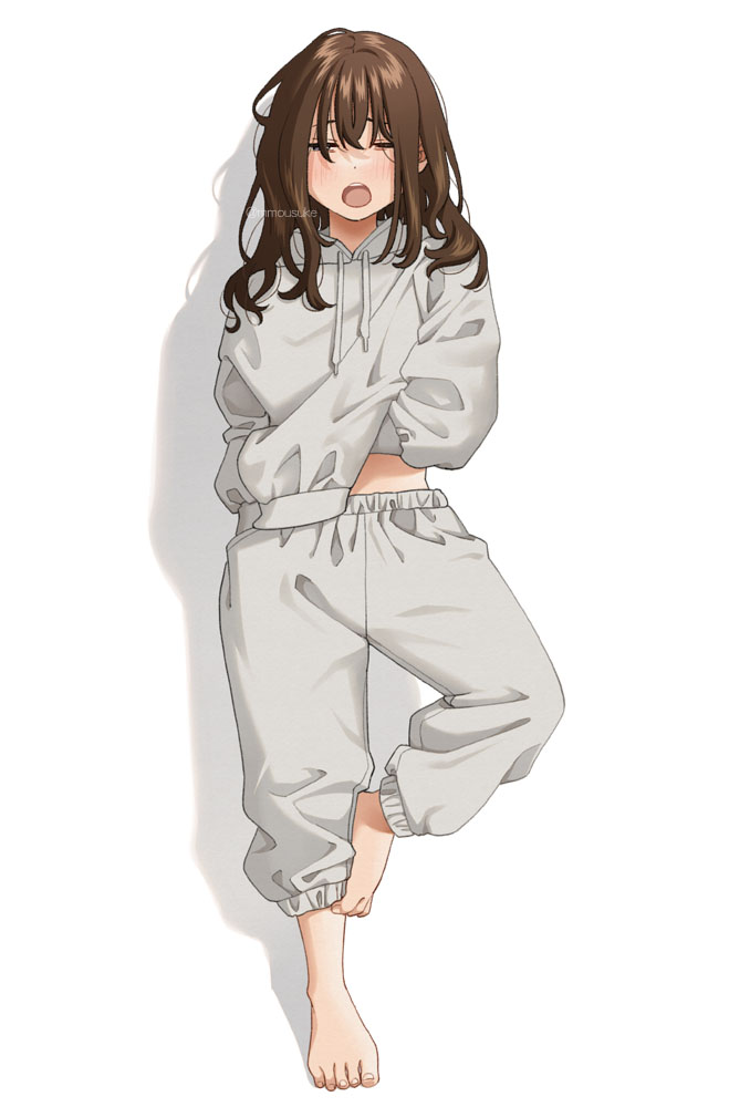 1girl baggy_clothes barefoot brown_hair dot_nose full_body grey_hoodie grey_pants half-closed_eyes hand_under_clothes hand_under_shirt hood hoodie long_hair mattaku_mousuke midriff_peek one_eye_closed open_mouth original pants scratching_stomach shadow shirt sleepy solo standing standing_on_one_leg sweatpants teeth twitter_username upper_teeth_only white_background yawning