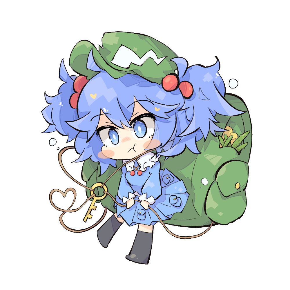 1girl backpack bag black_thighhighs blue_dress blue_eyes blue_hair blush breasts chibi crossed_bangs dress full_body green_bag green_headwear hair_bobbles hair_flaps hair_ornament hat jewelry kawashiro_nitori key_necklace large_bag long_sleeves looking_at_viewer medium_breasts necklace pleated_dress pocket pout primsla puffy_long_sleeves puffy_sleeves short_hair sidelocks simple_background sleeve_cuffs solo thigh-highs touhou two_side_up white_background
