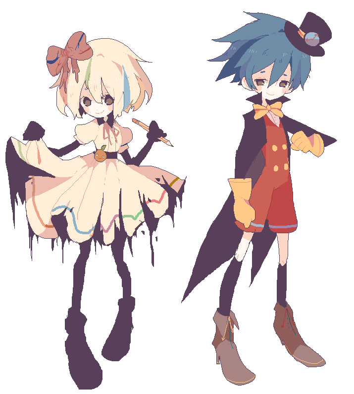 1boy 1girl blue_hair bow bowtie brown_eyes brown_footwear clothes_lift dress full_body gloves hair_bow hat holding holding_pencil kendy_(revolocities) pencil pixel_art short_hair skirt skirt_lift smile standing top_hat yellow_bow yellow_bowtie yellow_gloves