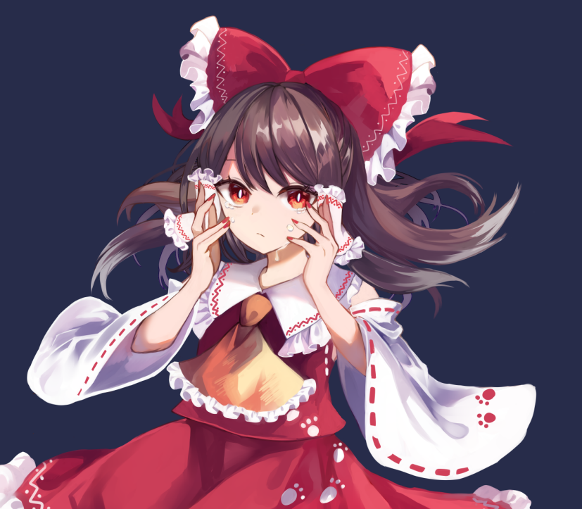 1girl ascot black_background bow bright_pupils brown_hair commentary hair_bow hair_tubes hakurei_reimu looking_at_viewer medium_hair mirimo paw_print red_bow red_nails red_skirt red_vest sidelocks simple_background skirt solo touhou vest white_pupils yellow_ascot yellow_skirt