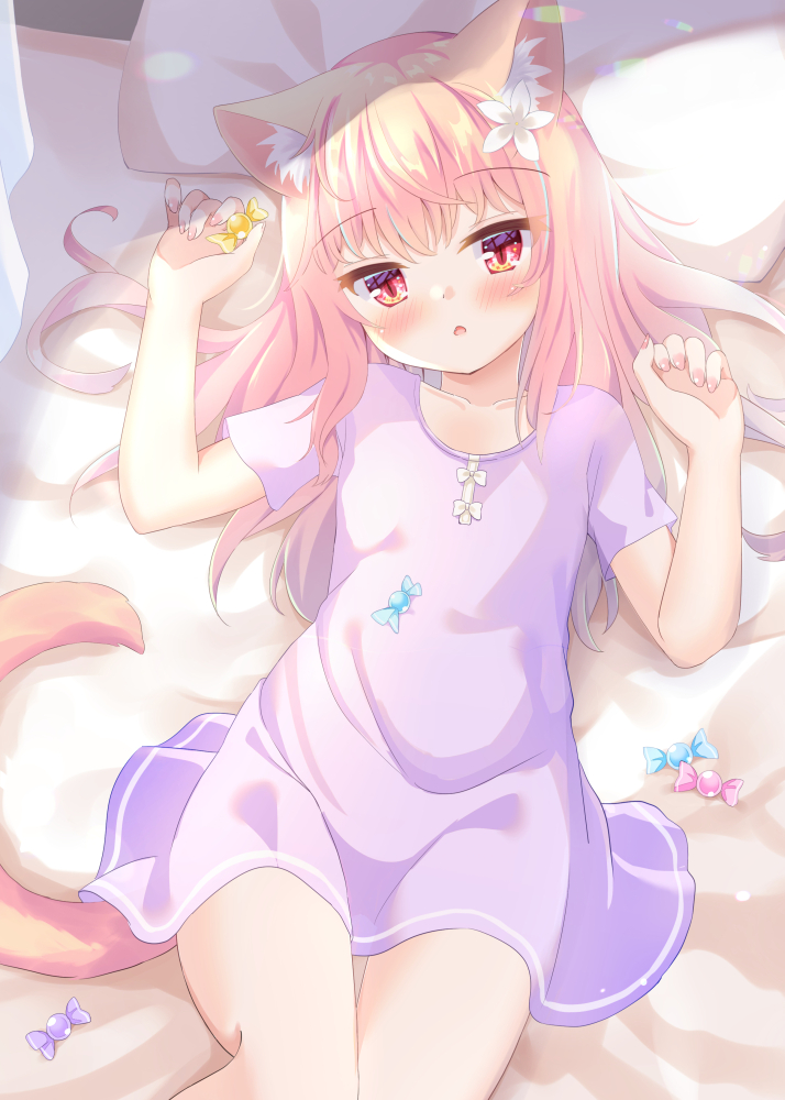 1girl animal_ear_fluff animal_ears blonde_hair candy cat_ears cat_girl cat_tail flat_chest food long_hair long_shirt looking_at_viewer lying no_pants on_back original pillow purple_shirt red_eyes shirt short_sleeves tail umi_suzume