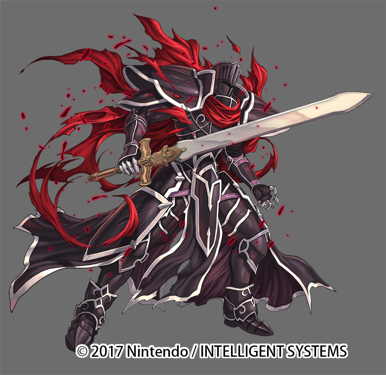 1boy armor black_footwear black_knight_(fire_emblem) cape company_name dated fire_emblem fire_emblem_heroes full_body gauntlets grey_background helmet holding holding_sword holding_weapon izuka_daisuke official_art red_cape simple_background standing sword weapon