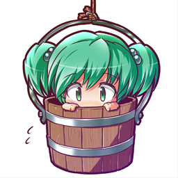 1girl bucket chibi commentary_request green_eyes green_hair hair_bobbles hair_ornament in_bucket in_container kisume lowres rope ryogo solo touhou twintails wooden_bucket