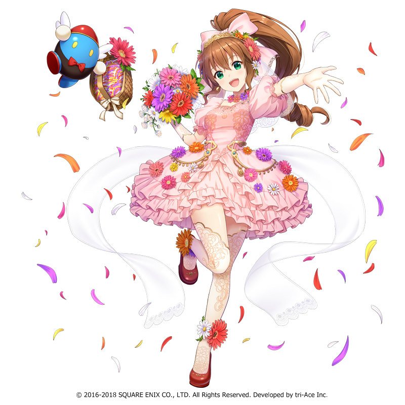 1girl :d breasts dress flower full_body gloves hyuuga_azuri long_hair looking_at_viewer official_art open_mouth ponytail precis_neumann robot simple_background smile solo square_enix star_ocean star_ocean_anamnesis star_ocean_the_second_story wedding_dress white_background wreath