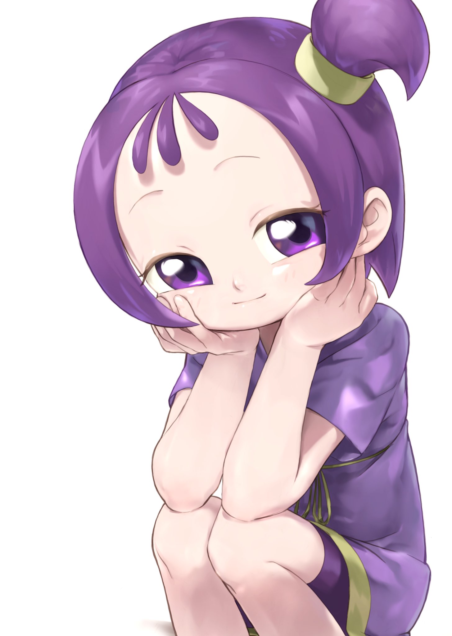1girl closed_mouth hands_on_own_cheeks hands_on_own_face hands_up highres ojamajo_doremi one_side_up purple_hair purple_shirt segawa_onpu shirt short_hair short_sleeves simple_background sitting smile solo tenshinhannnn violet_eyes white_background