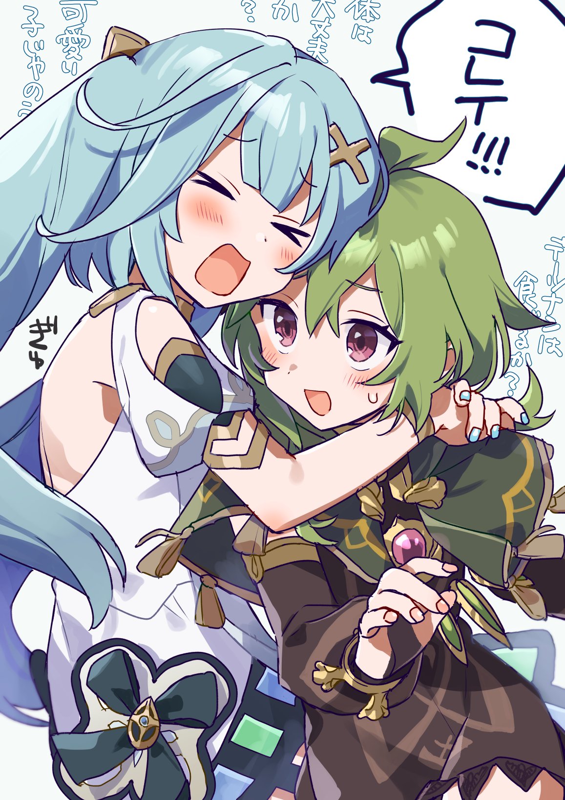 &gt;_&lt; 2girls ahoge aqua_hair aqua_nails arms_around_neck backless_dress backless_outfit blush brooch brown_dress capelet closed_eyes clothing_cutout collei_(genshin_impact) commentary_request dress faruzan_(genshin_impact) genshin_impact green_hair highres hug jewelry long_hair looking_at_another multiple_girls nail_polish open_mouth pink_nails ponpoko short_hair shoulder_cutout surprised translation_request twintails upper_body violet_eyes white_dress