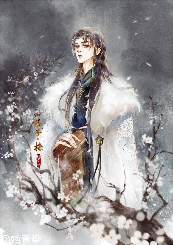 1boy black_background black_lips blue_jacket blue_shirt branch brown_eyes brown_hair character_request cherry_blossoms chinese_clothes chinese_commentary closed_mouth commentary_request copyright_request flower frown fur_scarf holding holding_scroll jacket long_eyelashes long_hair long_sleeves looking_at_viewer male_focus open_clothes open_jacket petals scroll shirt sidelocks solo straight_hair upper_body weibo_username white_flower wide_sleeves ya_qing_ran