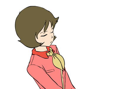 1970s_(style) 1girl animated animated_gif blouse brown_hair english_commentary fraw_bow giving gundam gundam_seed happy haro lowres mobile_suit_gundam nippori_honsha parody retro_artstyle robot scarf science_fiction shirt smile style_parody tongue upper_body white_background yellow_scarf