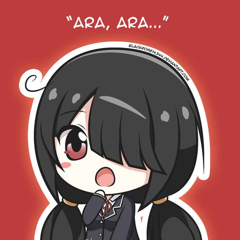 1girl ara_ara black_hair blackrose14344 chibi date_a_live hair_between_eyes looking_at_another low_twintails open_mouth raizen_high_school_uniform red_background red_eyes school_uniform tokisaki_kurumi twintails upper_body