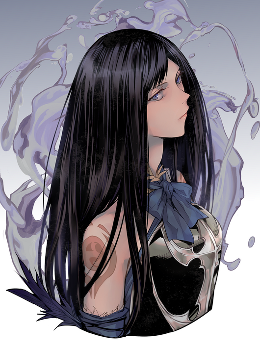1girl arm_tattoo armor armored_dress backless_outfit bare_shoulders bat_(animal) black_hair blue_eyes breastplate castlevania castlevania:_order_of_ecclesia closed_mouth dress grel_(r6hgvu5) long_hair looking_at_viewer shanoa solo tattoo
