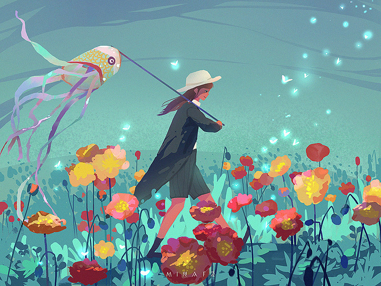1girl artist_name black_coat black_eyes black_footwear black_shorts blue_eyeshadow blue_sky boots brown_hair bud bug butterfly closed_mouth coat collared_shirt commentary english_commentary eyeshadow field flower flower_field flower_request from_side full_body grass hat holding koinobori long_hair long_sleeves makeup mina_fz. original outdoors red_flower shirt shorts sky smile solo striped striped_shorts vertical-striped_shorts vertical_stripes white_headwear white_shirt windsock yellow_flower