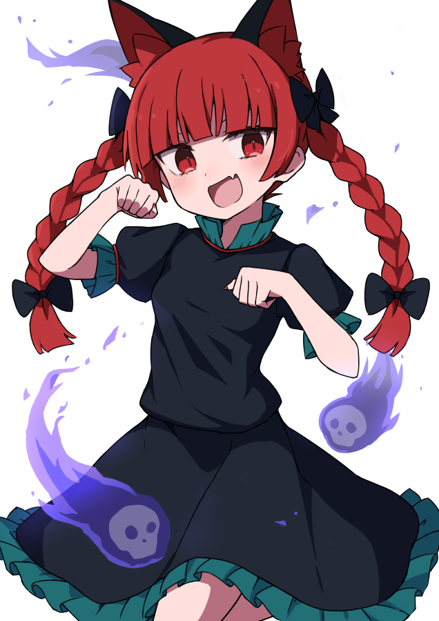 1girl :d aki_inu animal_ear_fluff animal_ears black_bow blunt_bangs blunt_tresses bow braid breasts cat_ears commentary_request dress extra_ears eyebrows_hidden_by_hair fang fingernails floating_skull green_dress hair_bow hair_ribbon hands_up hitodama kaenbyou_rin light_blush long_hair looking_at_viewer nail_polish open_mouth paw_pose puffy_short_sleeves puffy_sleeves red_eyes red_nails redhead ribbon sharp_fingernails short_sleeves simple_background skin_fang slit small_breasts smile solo touhou tress_ribbon twin_braids very_long_hair white_background