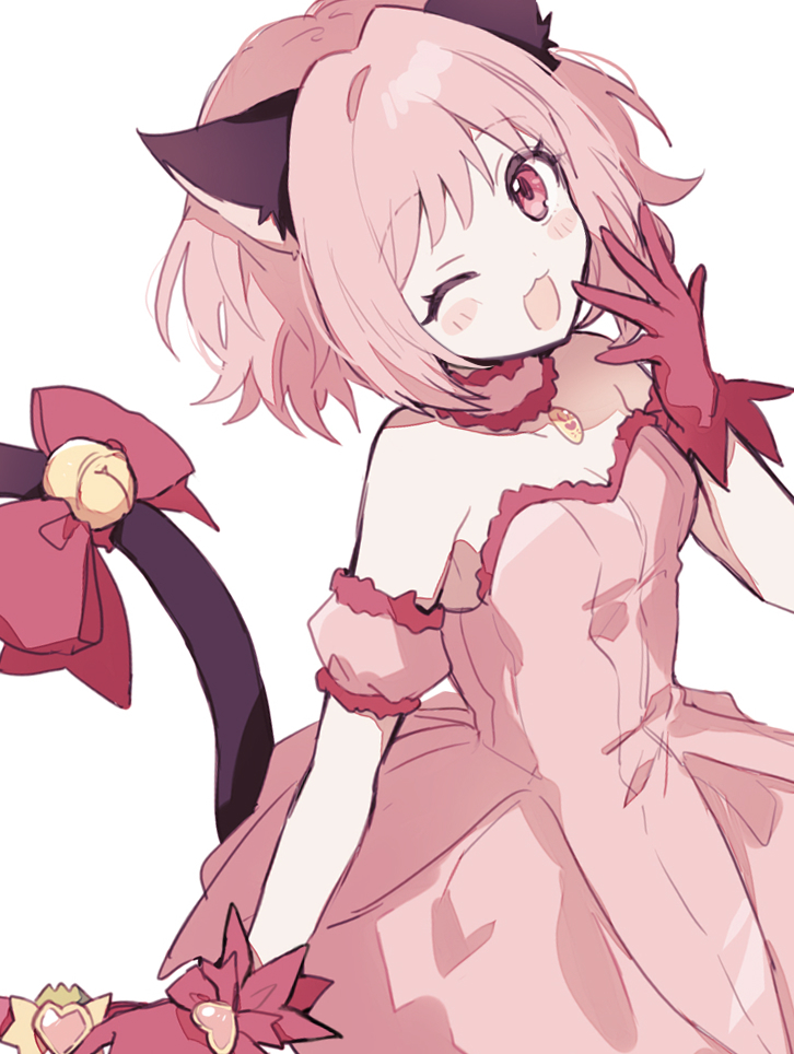 1girl animal_ears bell bow breasts cat_ears cat_girl cat_tail detached_sleeves gloves hand_up heart jingle_bell looking_at_viewer mew_ichigo momomiya_ichigo one_eye_closed open_mouth pink_eyes pink_gloves pink_hair qi7pi red_bow short_hair simple_background solo tail tokyo_mew_mew white_background