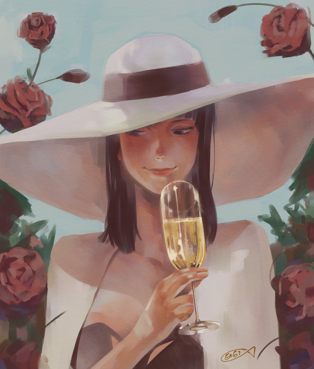 1girl bad_id bad_twitter_id black_hair blue_background blunt_bangs champagne_flute collarbone commentary cup drinking_glass flower hat highres holding holding_cup korean_commentary large_hat looking_to_the_side medium_hair mulmulgogibbq nico_robin one_piece red_flower red_lips red_rose rose smile watermark