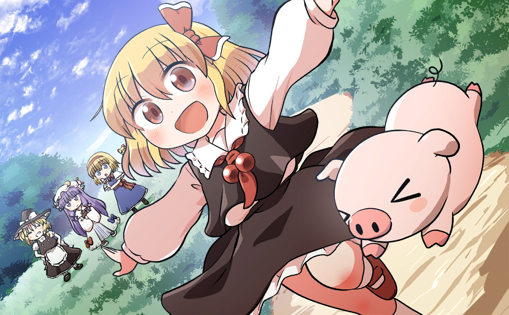 &gt;_&lt; 4girls :o alice_margatroid animal_ears ankle_socks apron ascot back_bow black_footwear black_headwear black_skirt black_vest blonde_hair blue_bow blue_dress blue_eyes blue_ribbon blue_sky blunt_bangs book bow bowtie braid bun_cover bush buttons capelet circle_skirt closed_eyes closed_mouth clothes_lift clouds collared_shirt crescent crescent_hat_ornament day double_bun dress floppy_ears foot_out_of_frame footwear_bow frilled_apron frilled_bow frilled_hat frilled_robe frilled_sash frilled_shirt_collar frilled_skirt frills full_body game_cg grass hair_bow hair_bun hairband hand_on_own_chest hand_on_own_elbow hands_on_own_hips hat hat_bow hat_ornament hat_ribbon holding holding_book kirisame_marisa leg_up light_blush long_dress long_hair long_skirt long_sleeves looking_at_viewer mary_janes mob_cap multiple_girls official_art open_mouth outdoors outstretched_arms patchouli_knowledge path pig pig_ears pig_nose pig_tail puffy_long_sleeves puffy_short_sleeves puffy_sleeves purple_hair red_ascot red_bow red_bowtie red_eyes red_footwear red_hairband red_ribbon red_sash ribbon ribbon-trimmed_collar ribbon_trim robe rokugou_daisuke rumia sash shadow shanghai_doll shirt shoes short_hair short_sleeves sidelocks single_braid skirt skirt_lift skirt_set sky sleeves_past_wrists smile socks solo_focus straight_hair striped striped_dress tail teeth touhou touhou_cannonball turtleneck vertical-striped_dress vertical_stripes very_long_hair vest violet_eyes waist_apron waist_bow white_apron white_bow white_capelet white_dress white_footwear white_headwear white_robe white_shirt white_socks white_trim wide_sleeves witch_hat