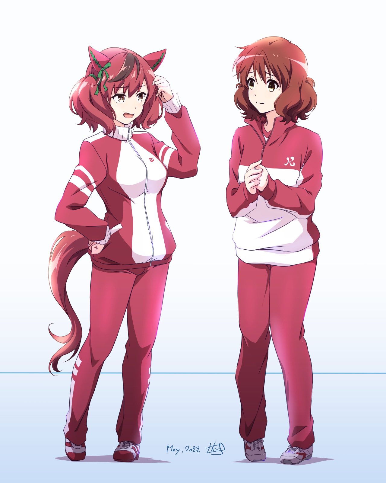 2girls animal_ears artist_logo breasts brown_hair closed_mouth color_connection cosplay crossover dated ear_covers full_body gym_uniform hair_color_connection hand_in_own_hair hand_on_own_hip heel_up hibike!_euphonium highres horse_ears horse_girl horse_tail jacket long_sleeves look-alike medium_breasts medium_hair multicolored_hair multiple_girls nice_nature_(umamusume) nii_manabu open_mouth oumae_kumiko own_hands_together pants red_jacket red_pants red_track_suit shoes smile sneakers split_mouth standing streaked_hair tail tracen_training_uniform track_jacket track_pants twintails umamusume yellow_eyes