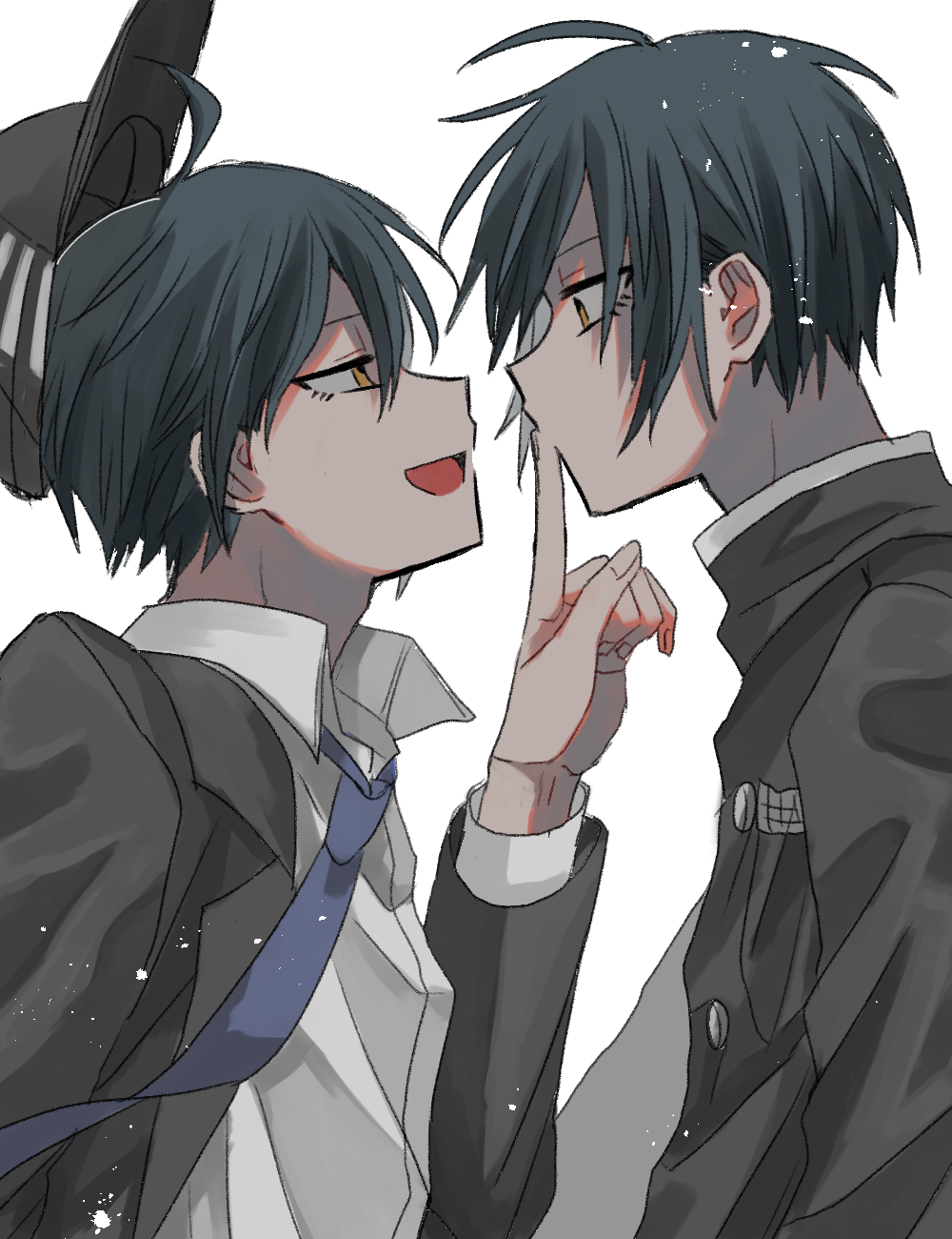 2boys :d ahoge baseball_cap black_hair black_jacket blue_necktie buttons collared_shirt danganronpa_(series) danganronpa_v3:_killing_harmony dual_persona eye_contact finger_to_another's_mouth hat highres index_finger_raised jacket kasou_(roomno404_) long_sleeves looking_at_another multiple_boys necktie official_alternate_costume open_clothes open_jacket open_mouth orange_eyes saihara_shuichi shirt short_hair smile upper_body